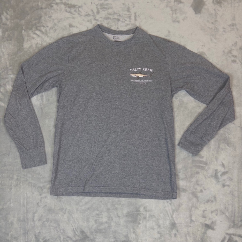 Salty Crew Technical Tee Mens Small Gray Long Sleeve Shark SPF 40 Fishing Shirt